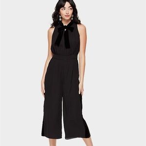 KATE SPADE Black Velvet Trim Bow Tie Neckline Wide Crop Pants Jumpsuit 4